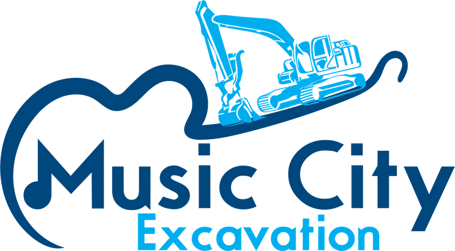 Music City Excavation contractors Music City Excavation logo with a light blue excavator above a navy guitar-body swoosh and the words Music City in navy and Excavation in light blue